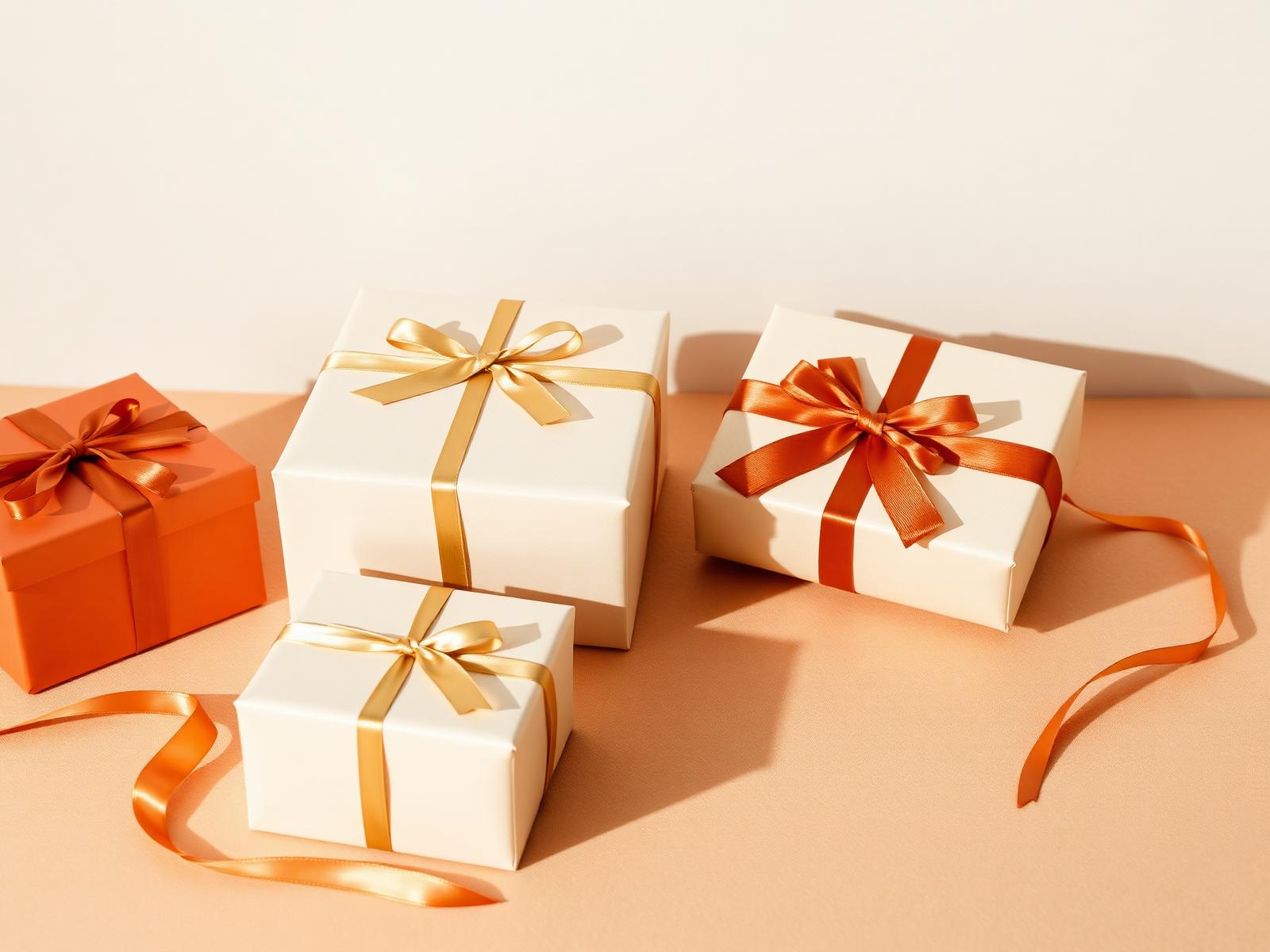 Premium gift boxes wrapped with gold and terracotta ribbon